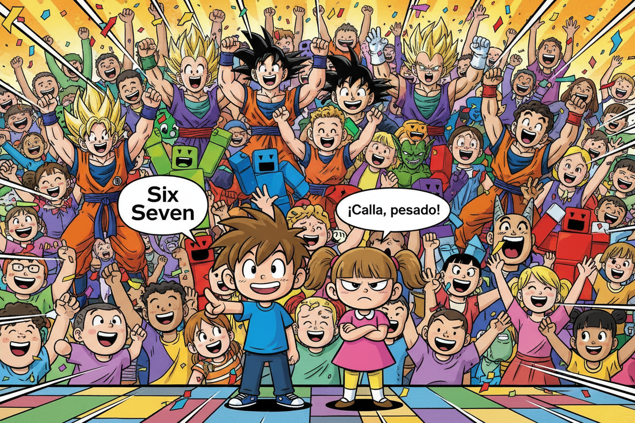 Niños cartoon con Dragon Ball y Roblox de fondo